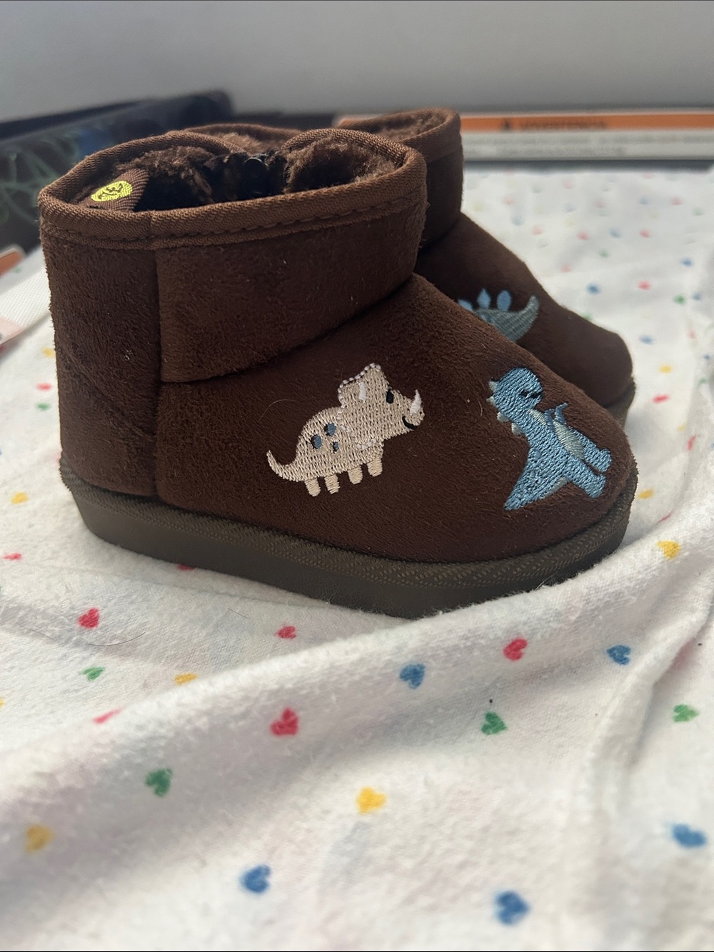 Brown Dino Embroidered Kids Booties - Cozy Slip-On Boots - Picture 2 of 7